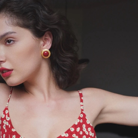 18K Gold Plated Italian Red Vintage Earrings - Picture 2 of 8